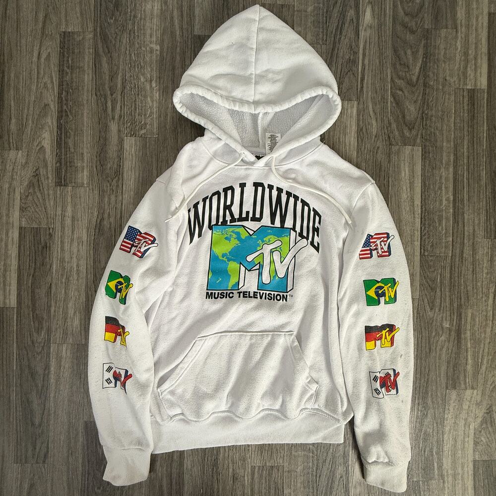 MTV Worldwide Music Television White Pullover Hoodie Flags Sleeve Logo Small